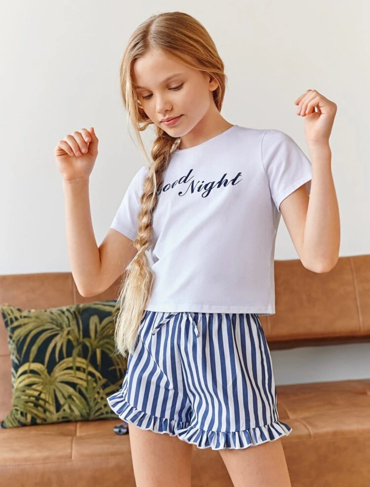 SHEIN Girls Letter Graphic Tee & Striped Ruffle Hem Shorts PJ Summer Set - 7Y