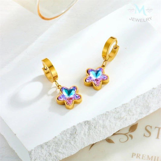 1 Pair Of Colorful Multi-Color Flower Style Golden Yellow Earrings