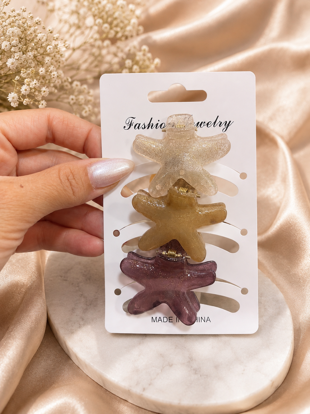 Glittery Starfish Hair Clips – Set of 3