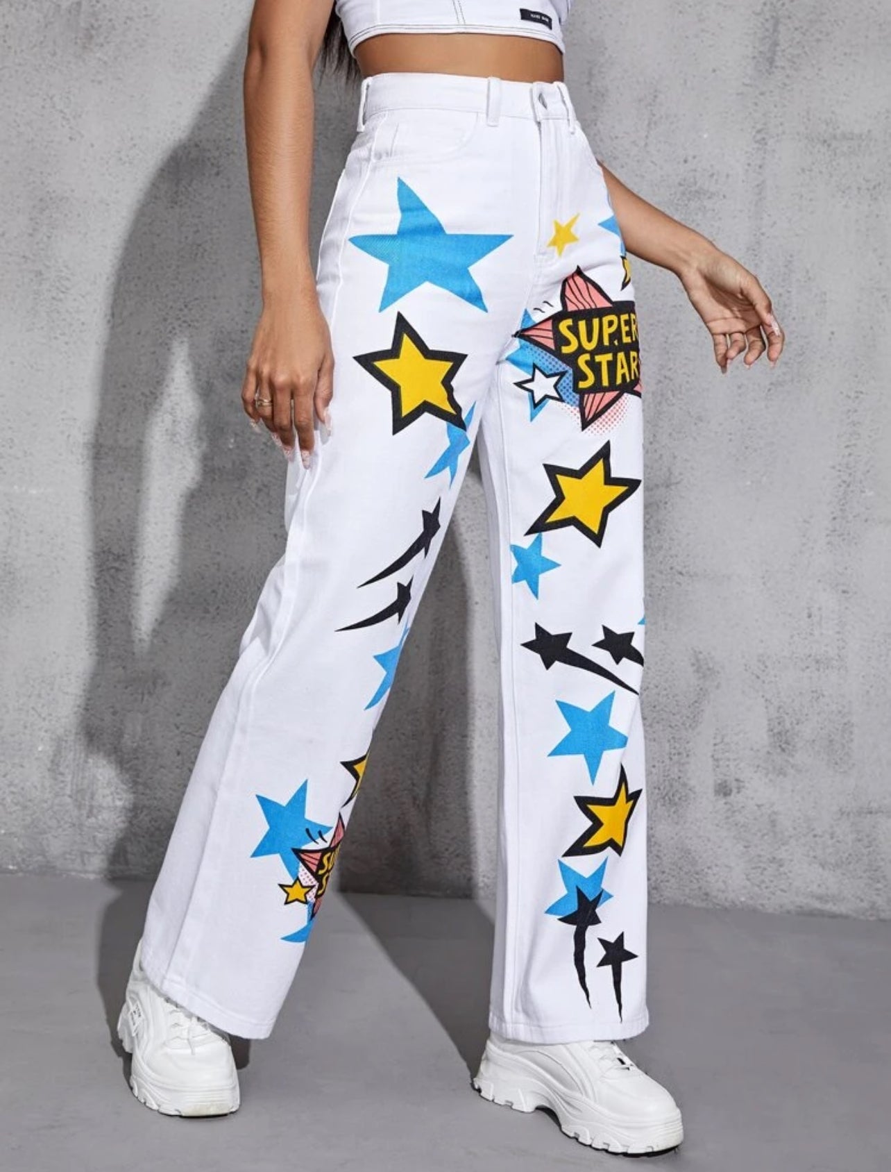 SHEIN High Waist Star & Letter Graphic Straight Leg Summer Jeans - L