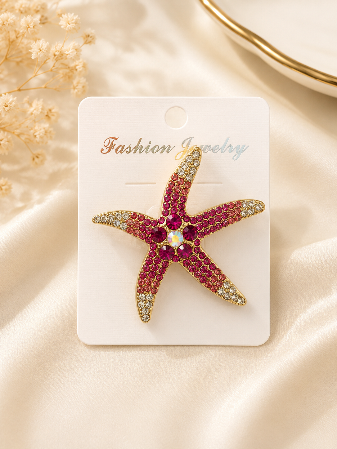 Crystal Starfish Brooch – Ocean-Inspired Rhinestone Pin (Blue & Pink)