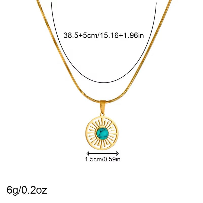 2024 Stainless Steel Round Turquoise Necklace Earrings for Women Jewelry Set High Quality Vintage Party Gift