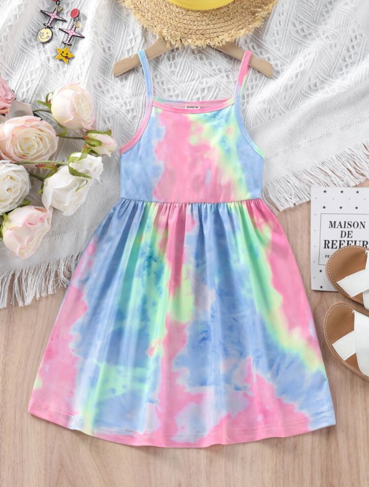 SHEIN Young Girl Tie-Dye Sleeveless Casual Loose Dress Suitable For Spring And Summer Outdoor, Vacation - 6Y