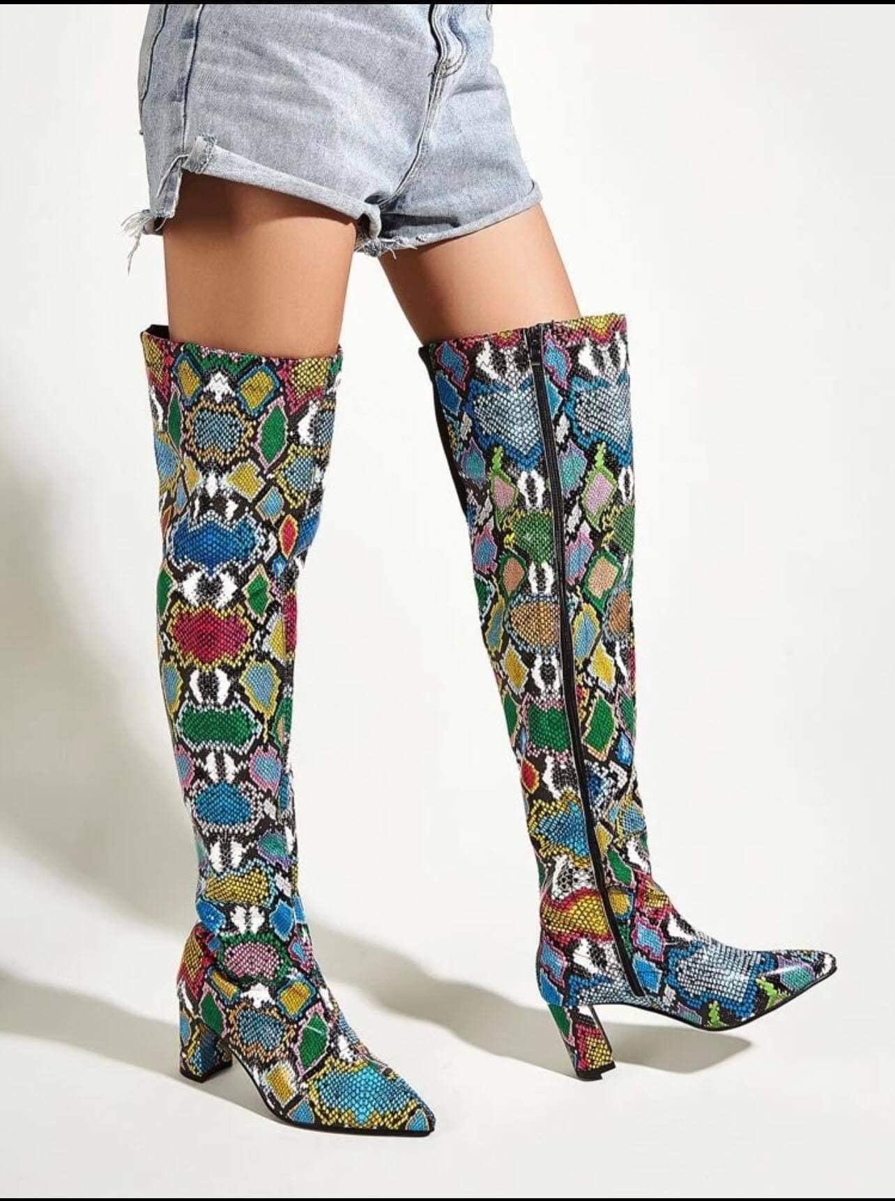 SHEIN Snakeskin Side Zipper Chunky Heeled Boots