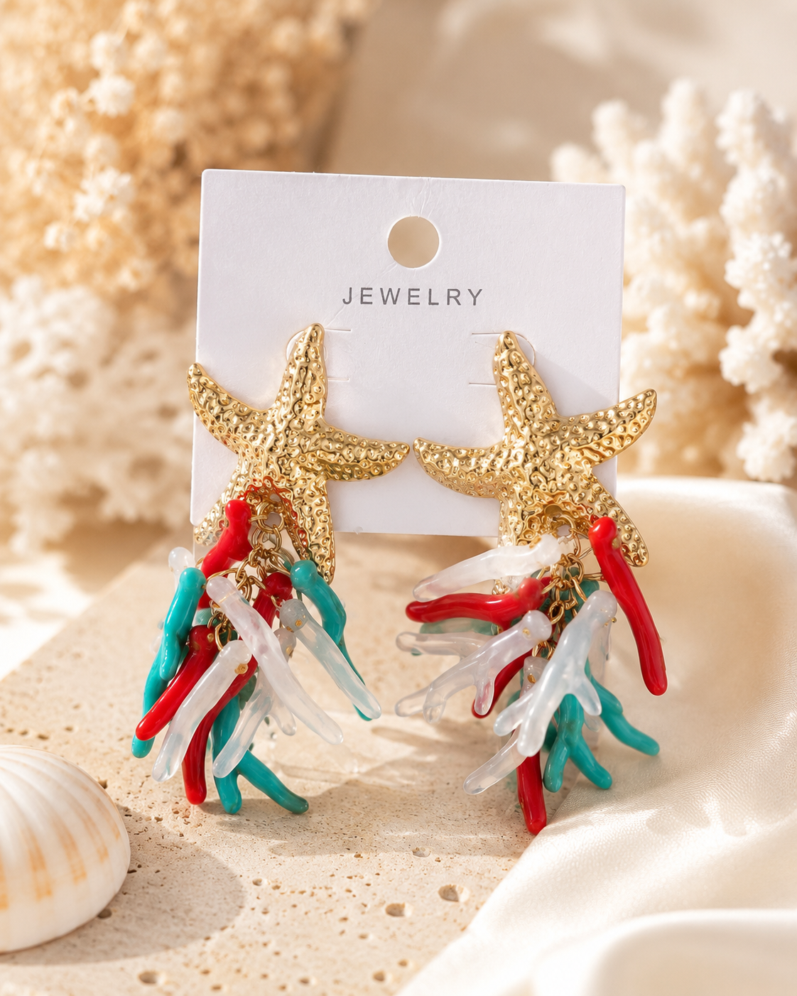 Ocean Starfish & Coral Statement Earrings – Gold Coastal Dangle Earrings