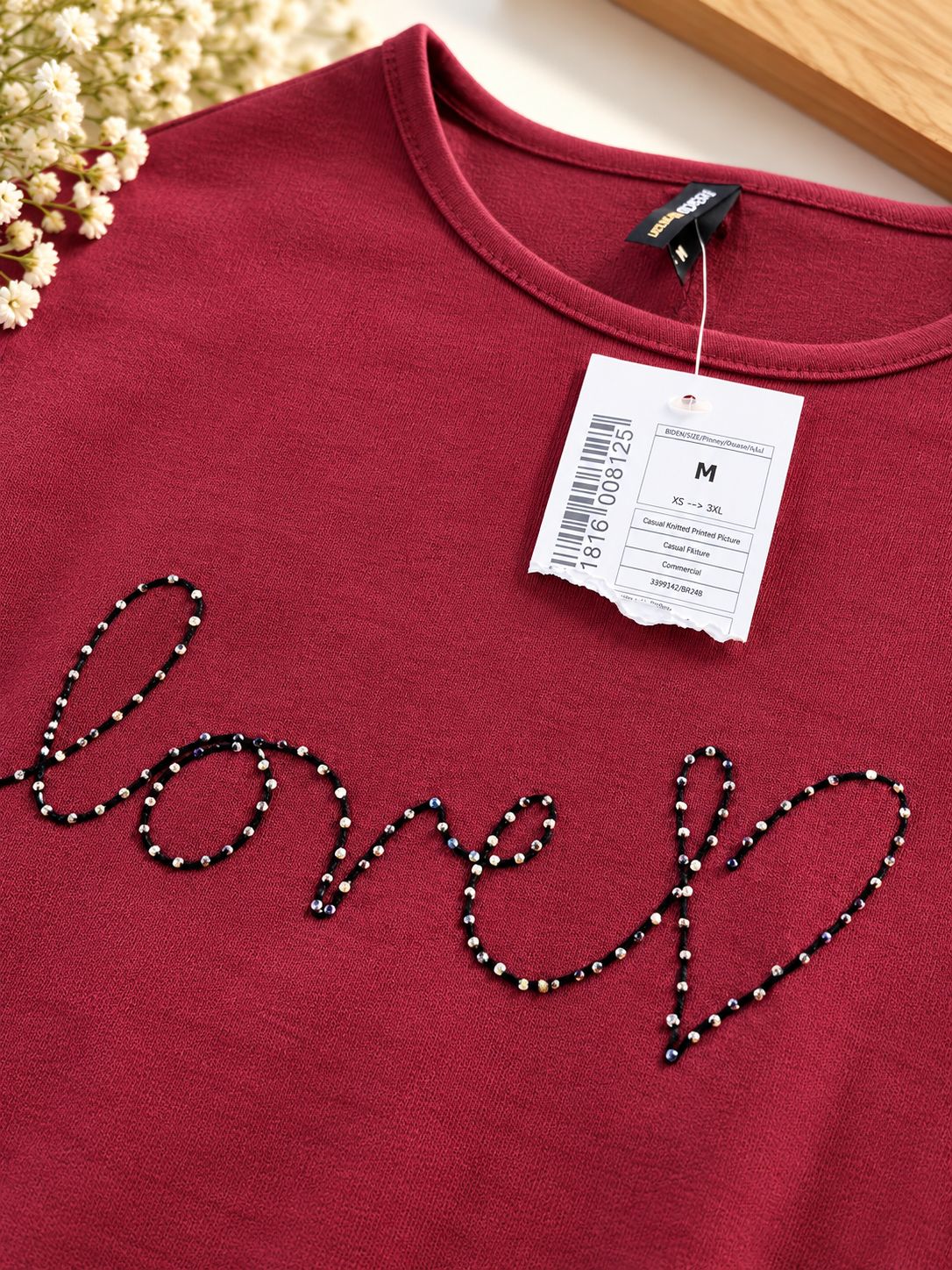 Women’s Burgundy Long Sleeve Top with “Love” Design