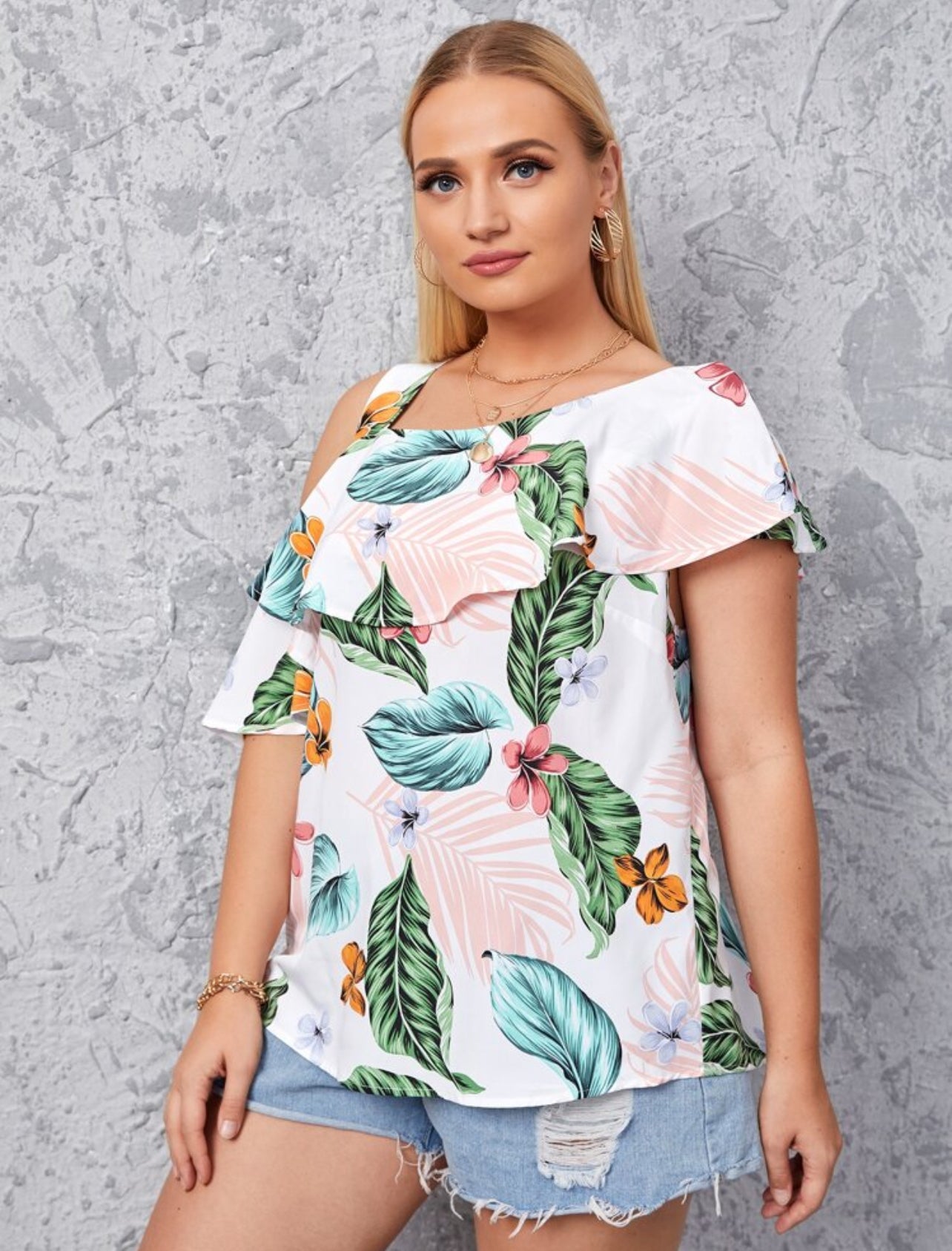 Shein Plus Floral Print One Cold Shoulder Blouse - 3XL