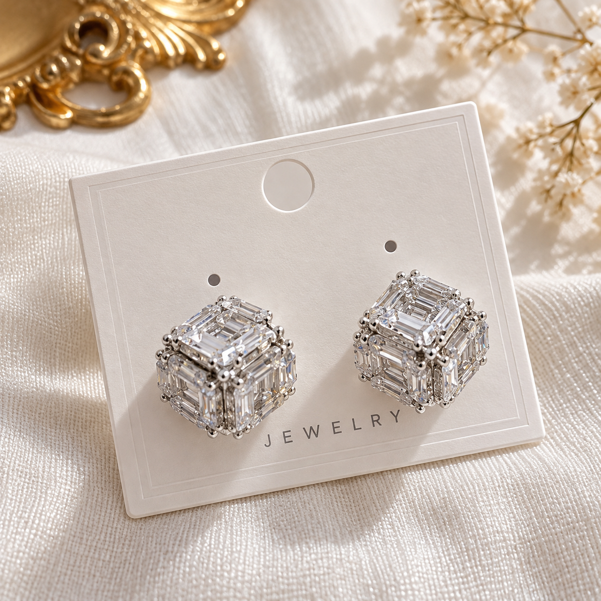 Silver Crystal Cube Stud Earrings – Sparkling Geometric Statement Earrings