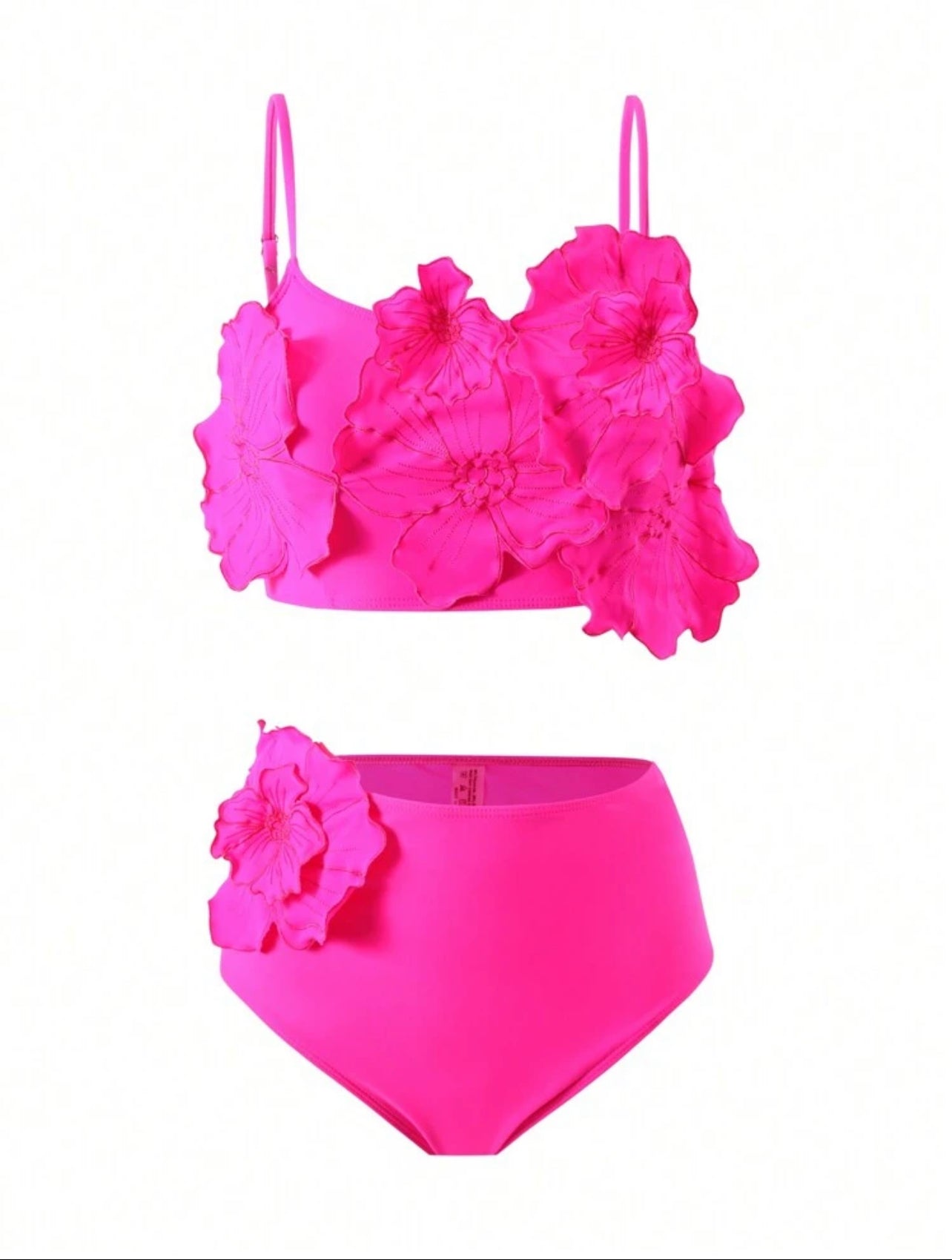 Swim Vcay Women's Summer Beach Hot Pink Solid Color 3D Flower Decorated Bikini Set Summer Two Pieces Set - Medium