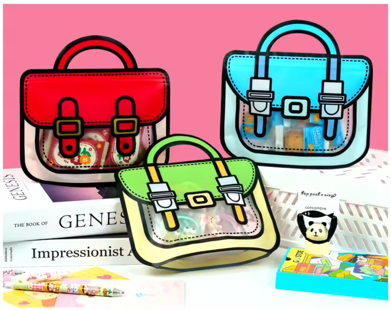 StoBag Candy Packaging Ziplock Bags Cute Snack Chocolate Tote Handle with Window Kids Cartoon Plastic Sealed Food Storage