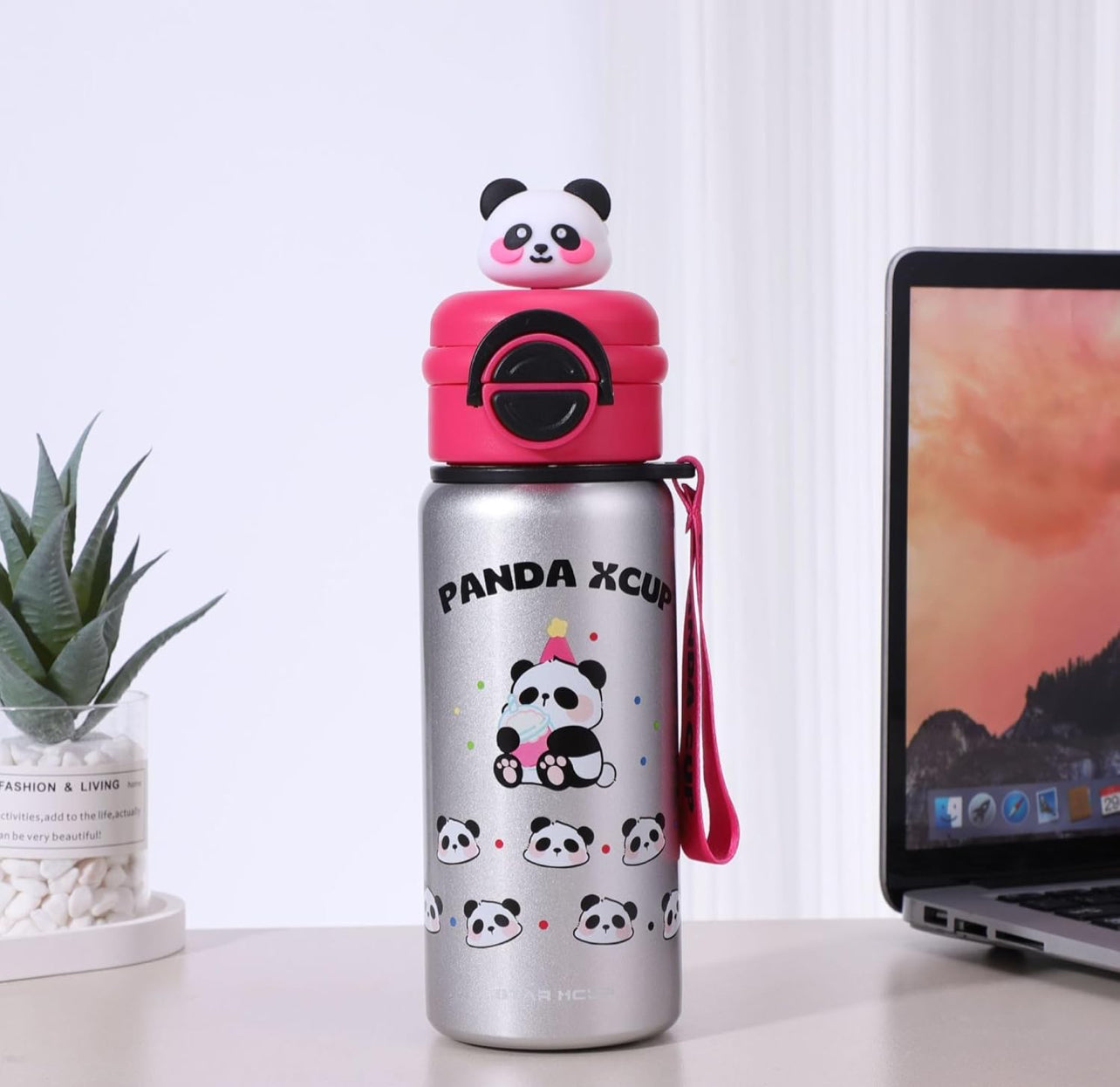 Kids Water Bottle Thermos Stainless Steel with Straw Fuchsia 500ml