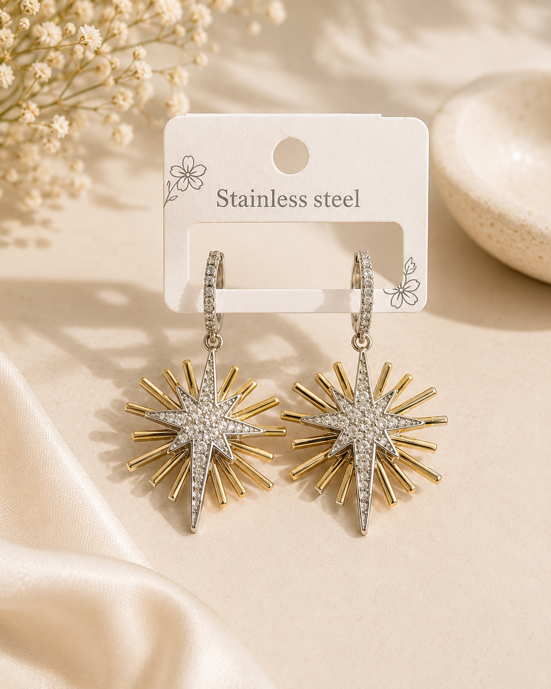 Stainless Steel Starburst Drop Earrings – Elegant Sparkling Statement Earrings
