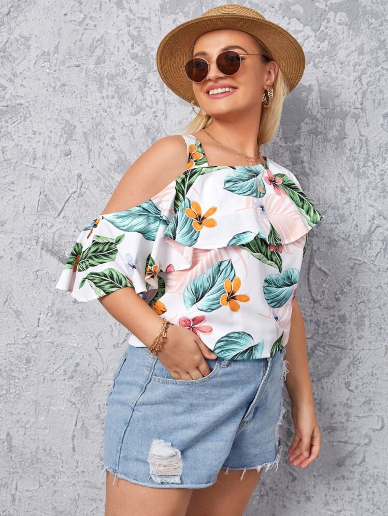 Shein Plus Floral Print One Cold Shoulder Blouse - 3XL