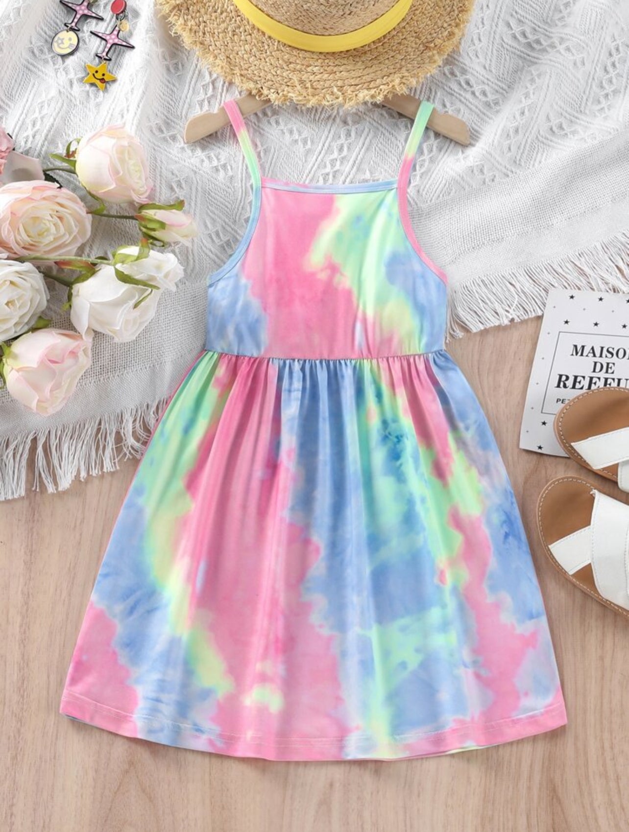 SHEIN Young Girl Tie-Dye Sleeveless Casual Loose Dress Suitable For Spring And Summer Outdoor, Vacation - 6Y