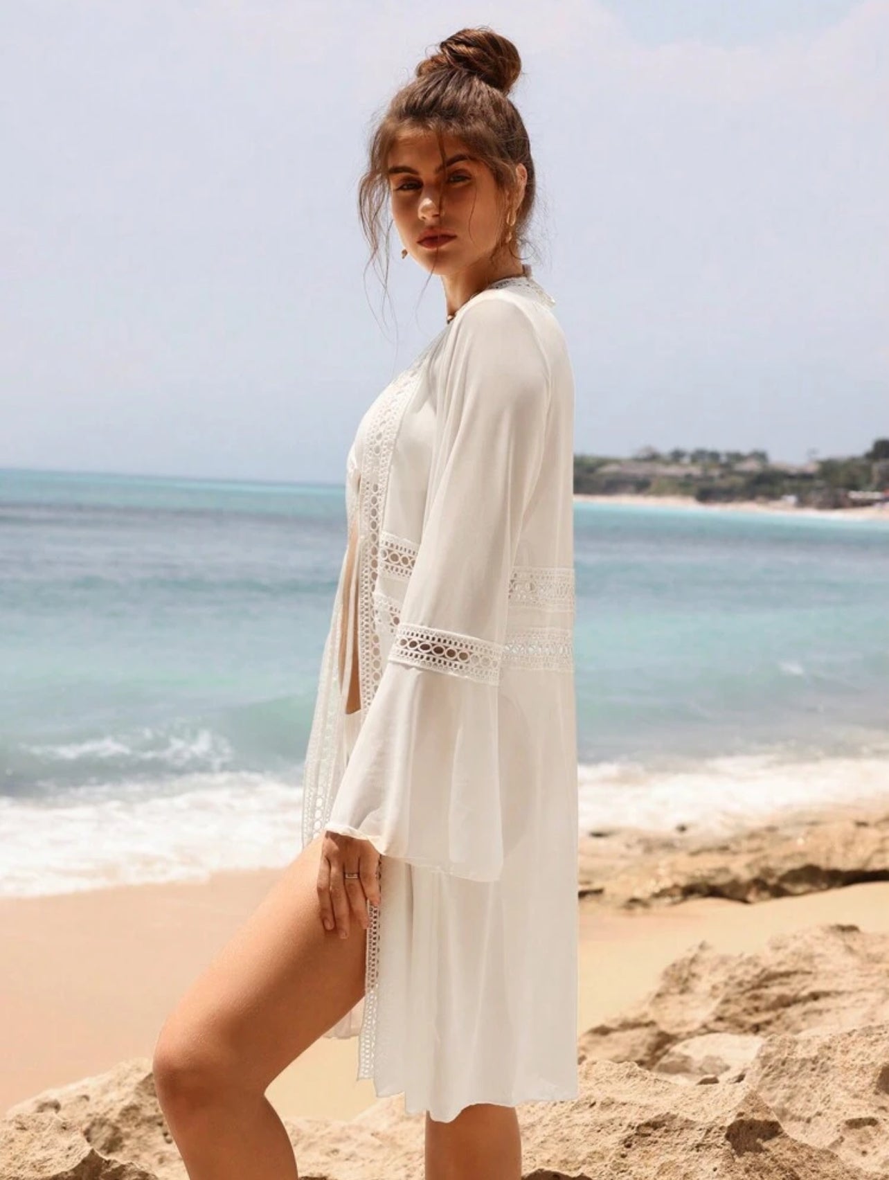 SHEIN Swim Women Loose Kimono Cardigan With Water Soluble Lace And Tie For Beach Vacation In Summer - Large