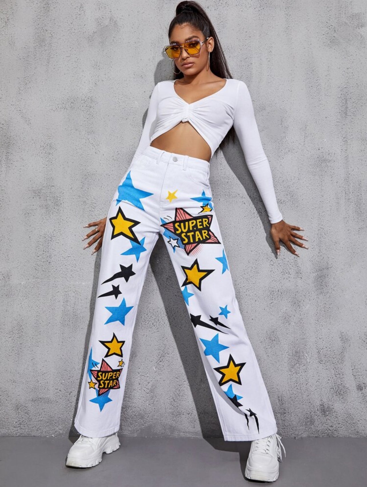 SHEIN High Waist Star & Letter Graphic Straight Leg Summer Jeans - L