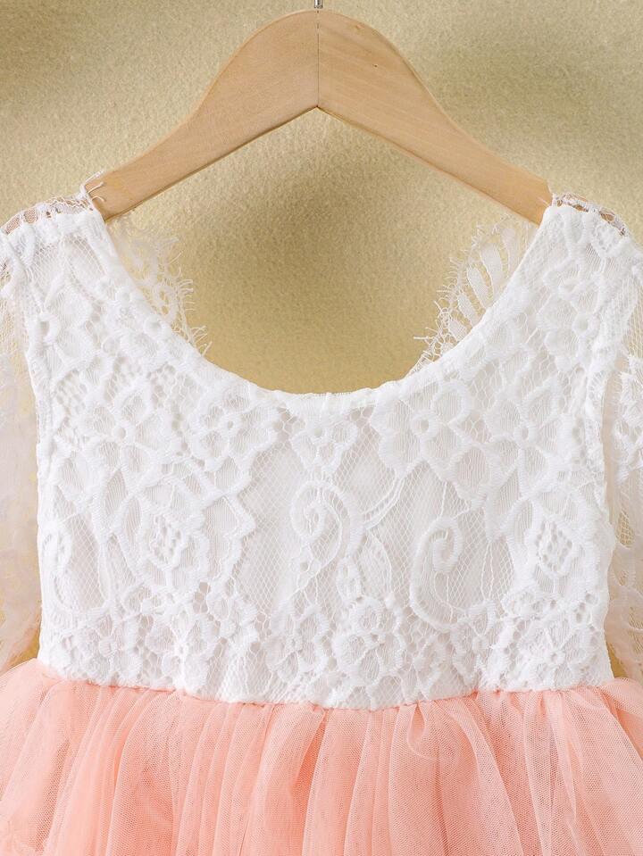 SHEIN Young Girl Contrast Color Round Neck Long Sleeve Mesh Summer Dress - 4Y