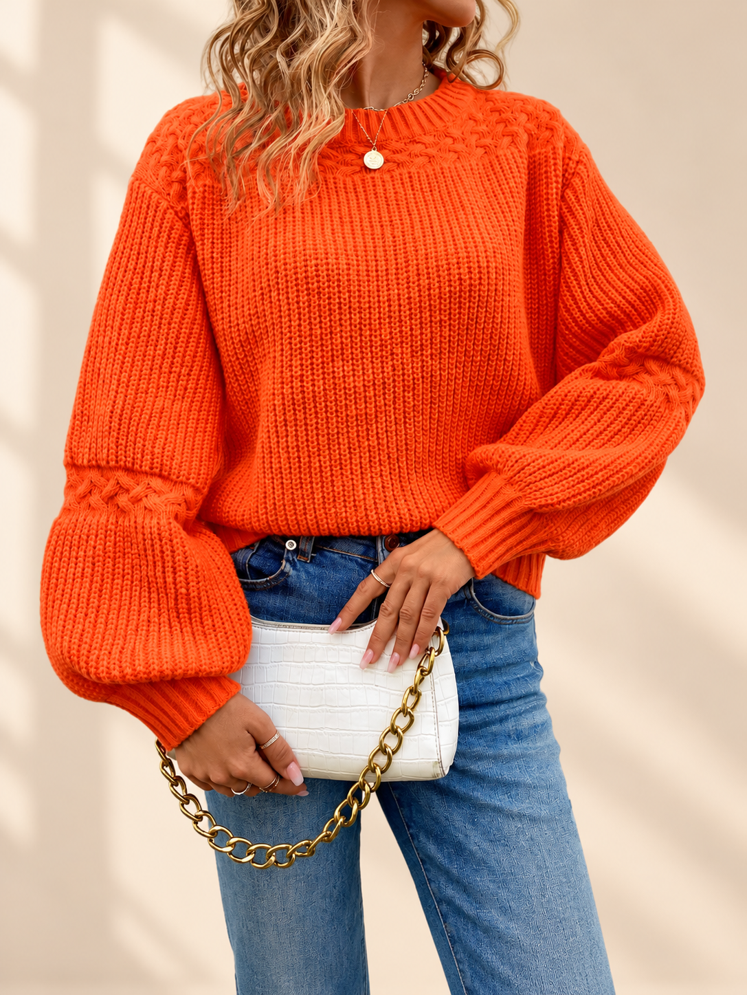 Shein Women's Bright Orange Cable Knit Sweater – Balloon Sleeve Pullover - Large