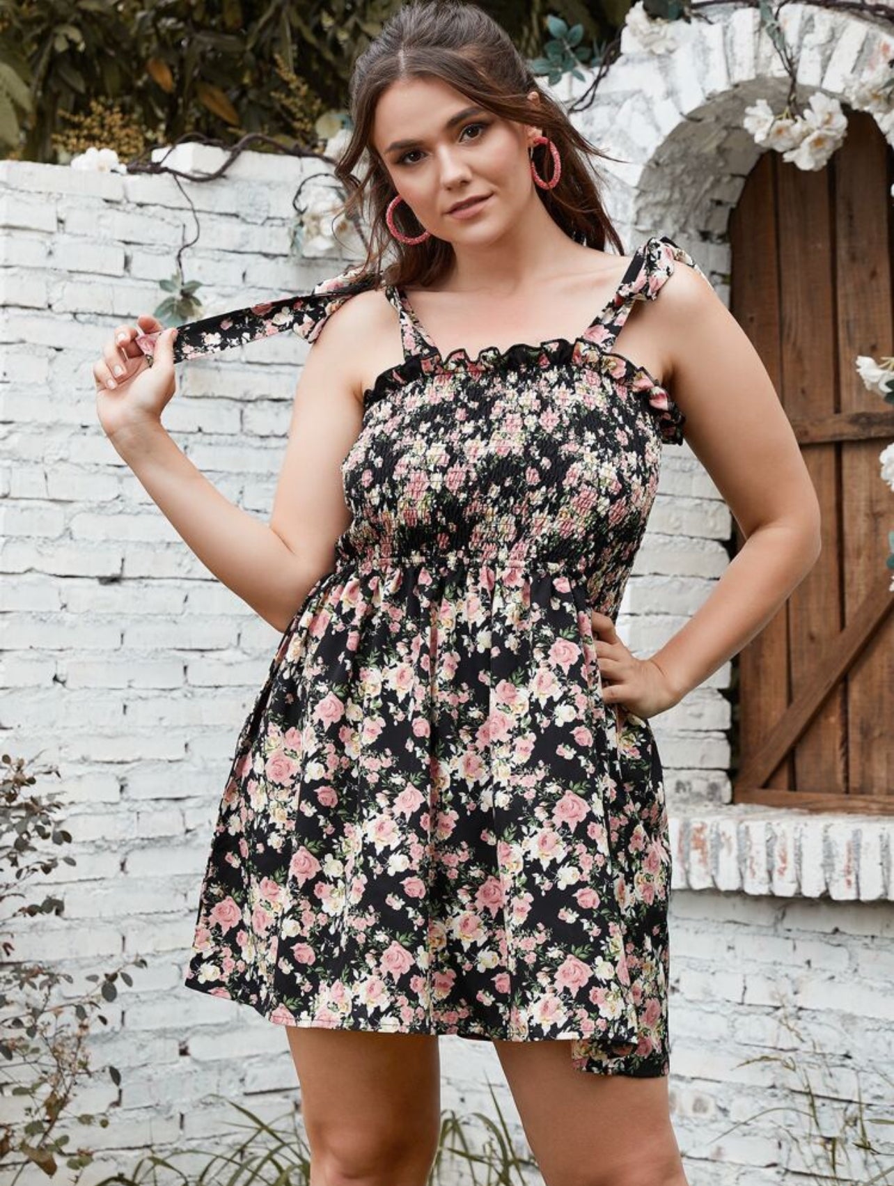 Shein Plus Floral Print Shirred Tie Shoulder Summer Dress - 0XL