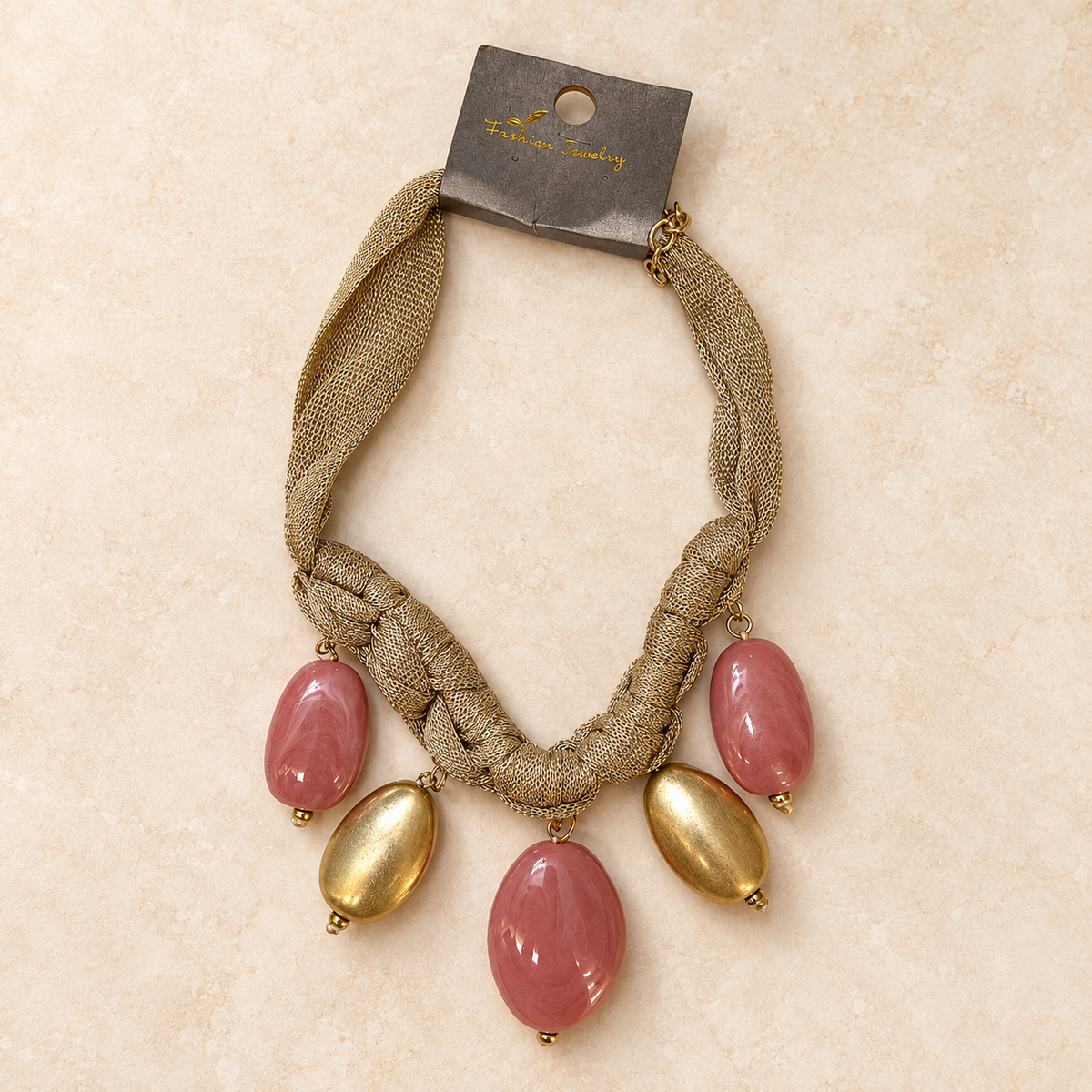 Elegant Statement Necklace – Gold & Beige Beaded Pendant Necklace