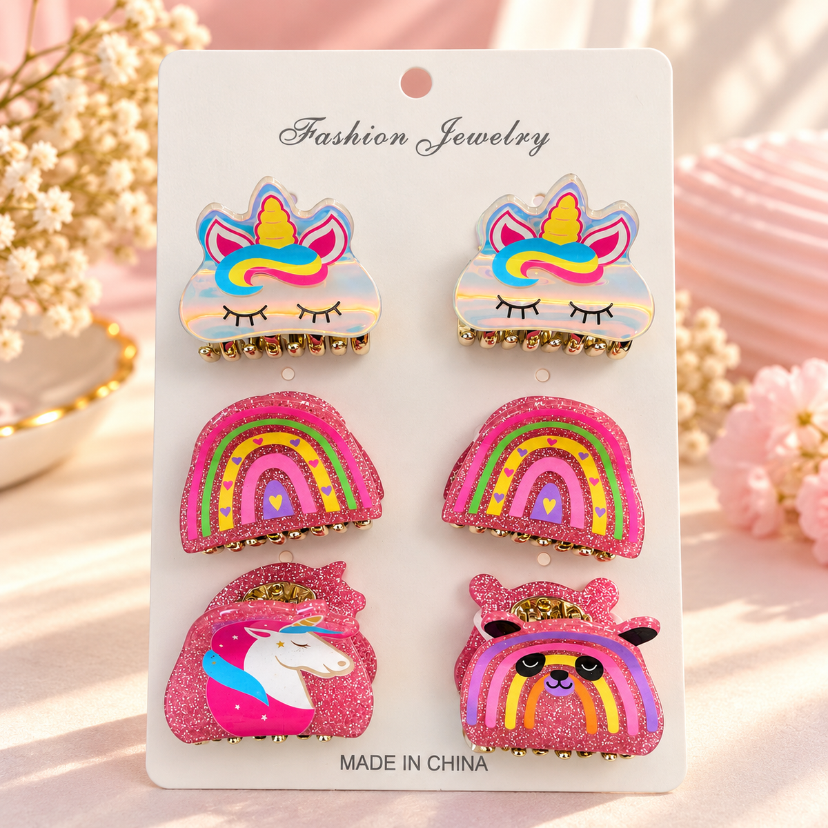 Girls’ Glitter Unicorn & Rainbow Hair Claw Clips Set – 6 Pieces