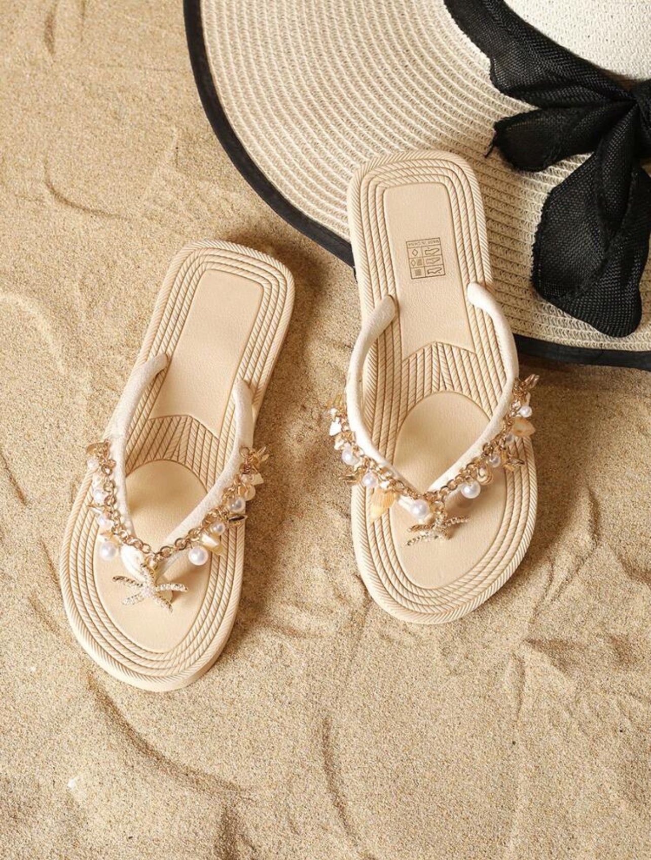 SHEIN Handmade Natural Shell And Starfish Rhinestone Decorated Strap, Straw Design Flat-Soled Fashionable Casual Beach Sandals, Suitable For Summer Beaches, Vacations, CN41