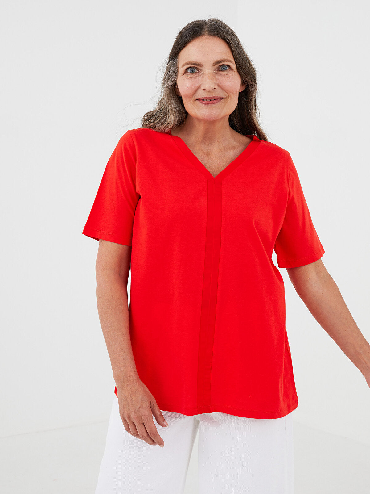 LCW V-Neck Straight Short Sleeve Blouse- Large