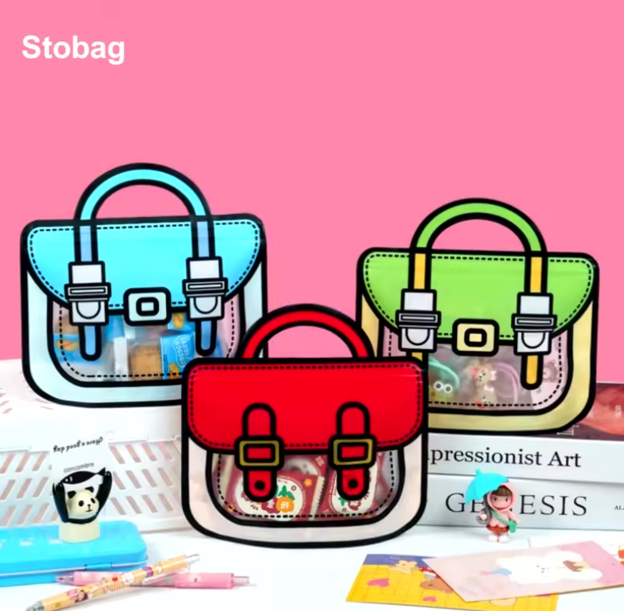 StoBag Candy Packaging Ziplock Bags Cute Snack Chocolate Tote Handle with Window Kids Cartoon Plastic Sealed Food Storage