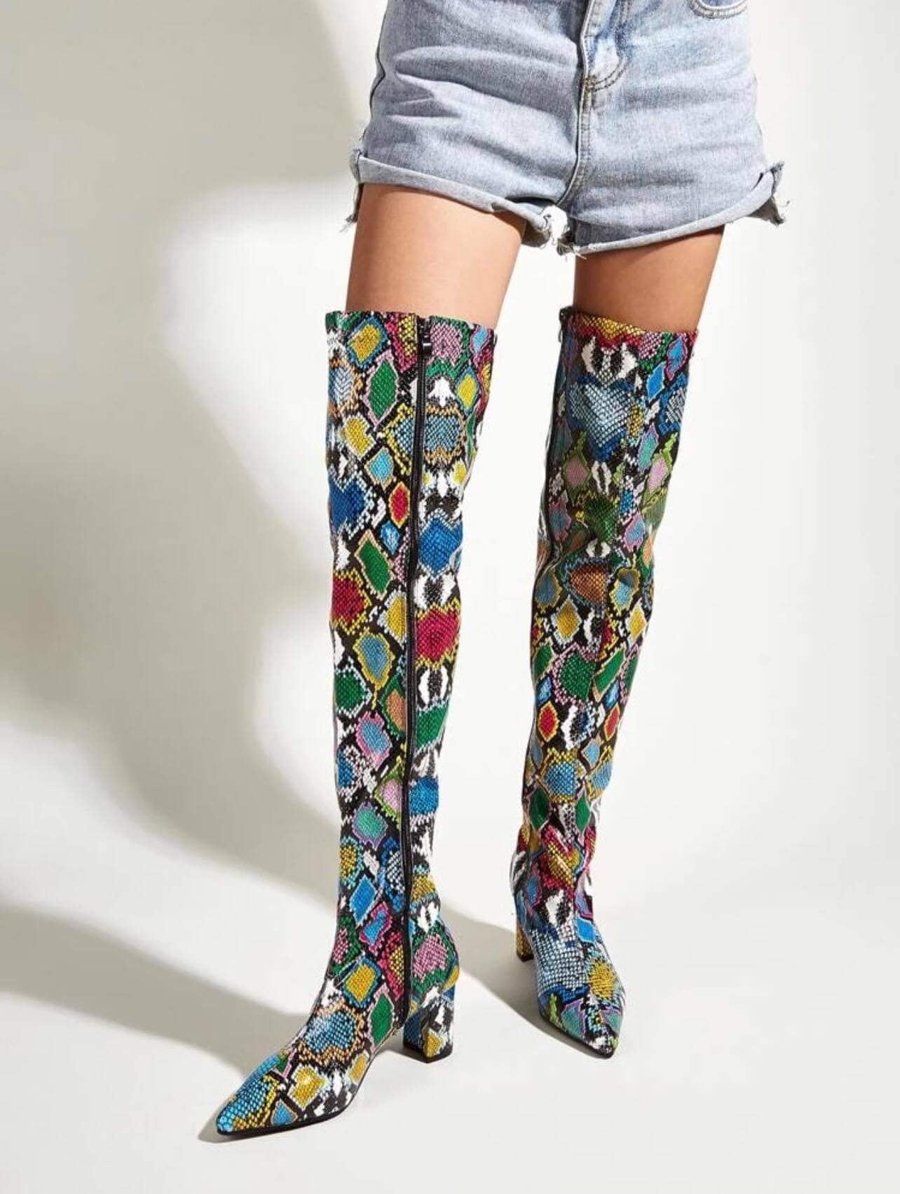 SHEIN Snakeskin Side Zipper Chunky Heeled Boots