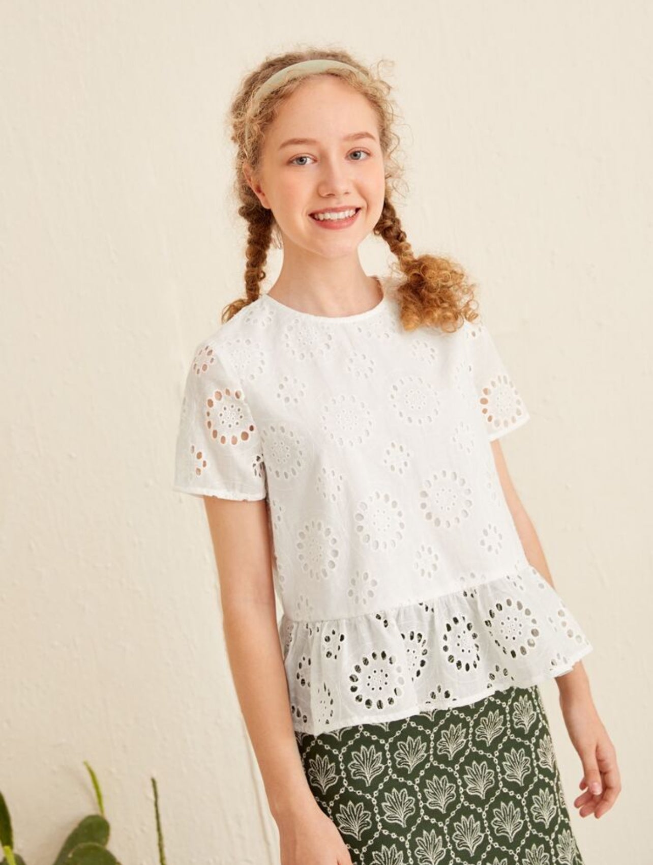 SHEIN Teen Girls Solid Ruffle Hem Schiffy Peplum Summer Top - 8Y