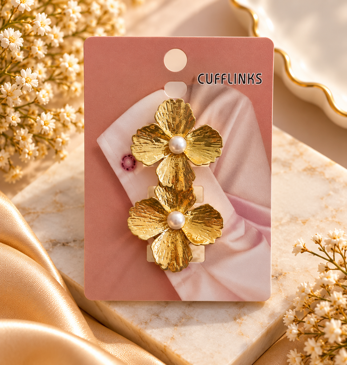Gold Floral Pearl Shirt Cufflinks – Elegant Statement Accessories