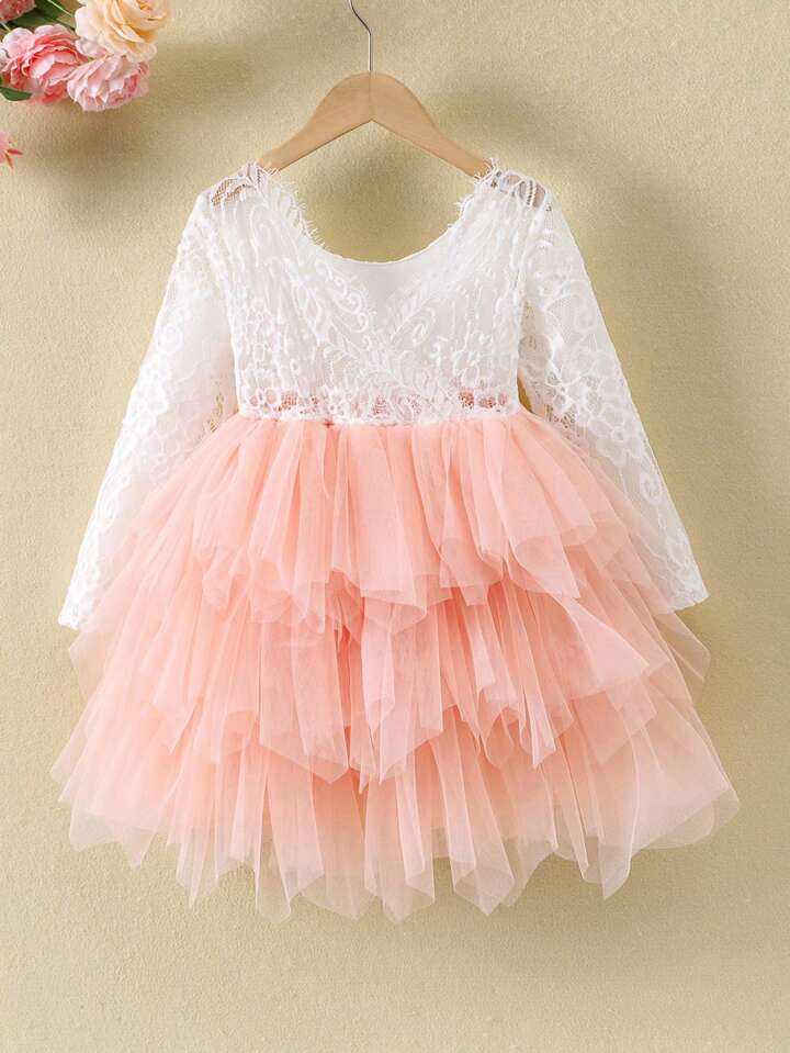 SHEIN Young Girl Contrast Color Round Neck Long Sleeve Mesh Summer Dress - 4Y