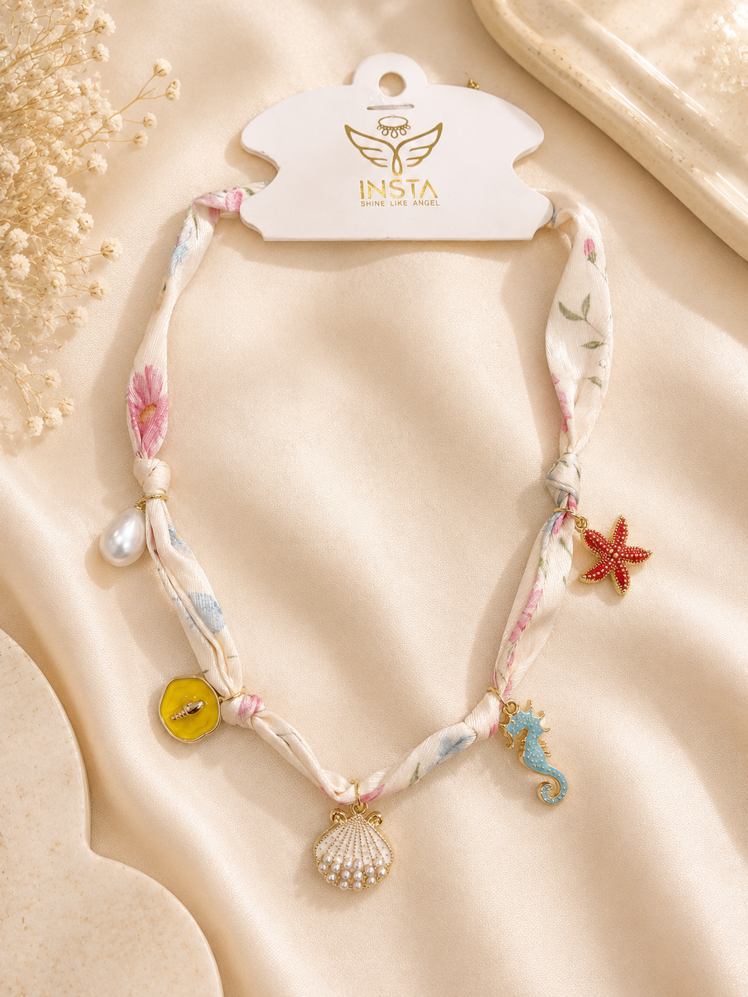 Ocean Charm Floral Fabric Necklace – Handmade Summer Statement Necklace