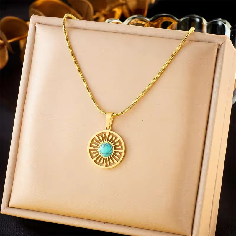 2024 Stainless Steel Round Turquoise Necklace Earrings for Women Jewelry Set High Quality Vintage Party Gift