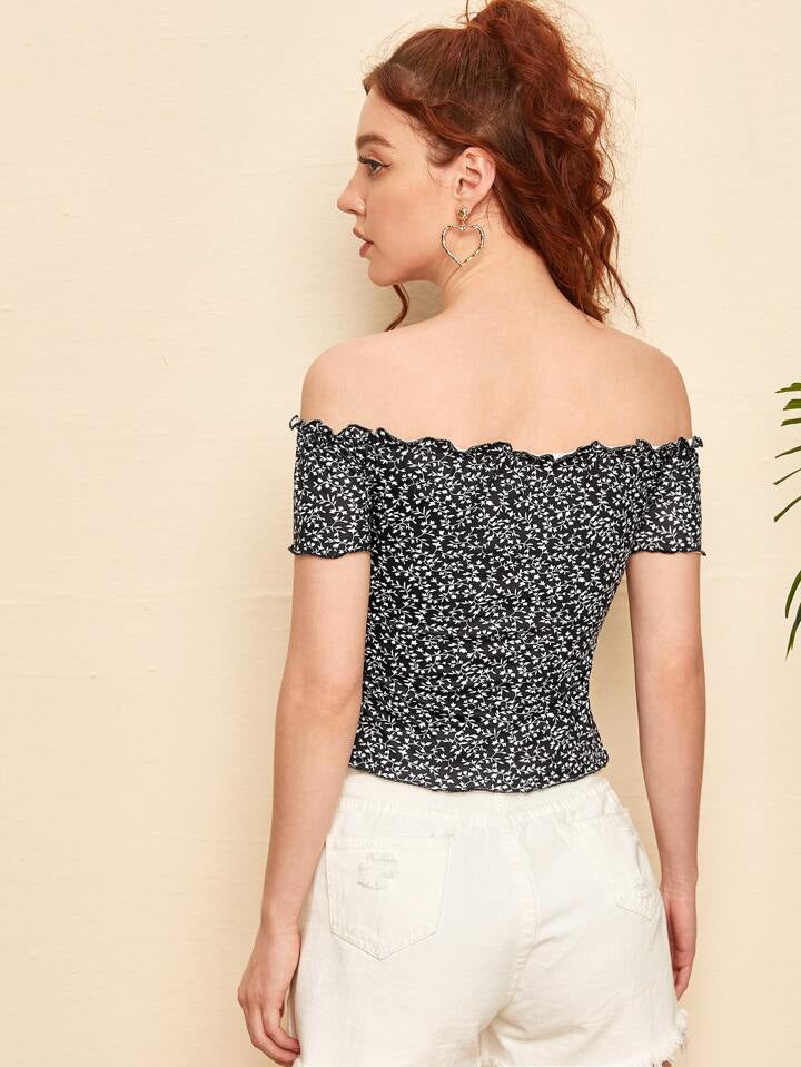 SHEIN VCAY Off Shoulder Lettuce Trim Tee - M