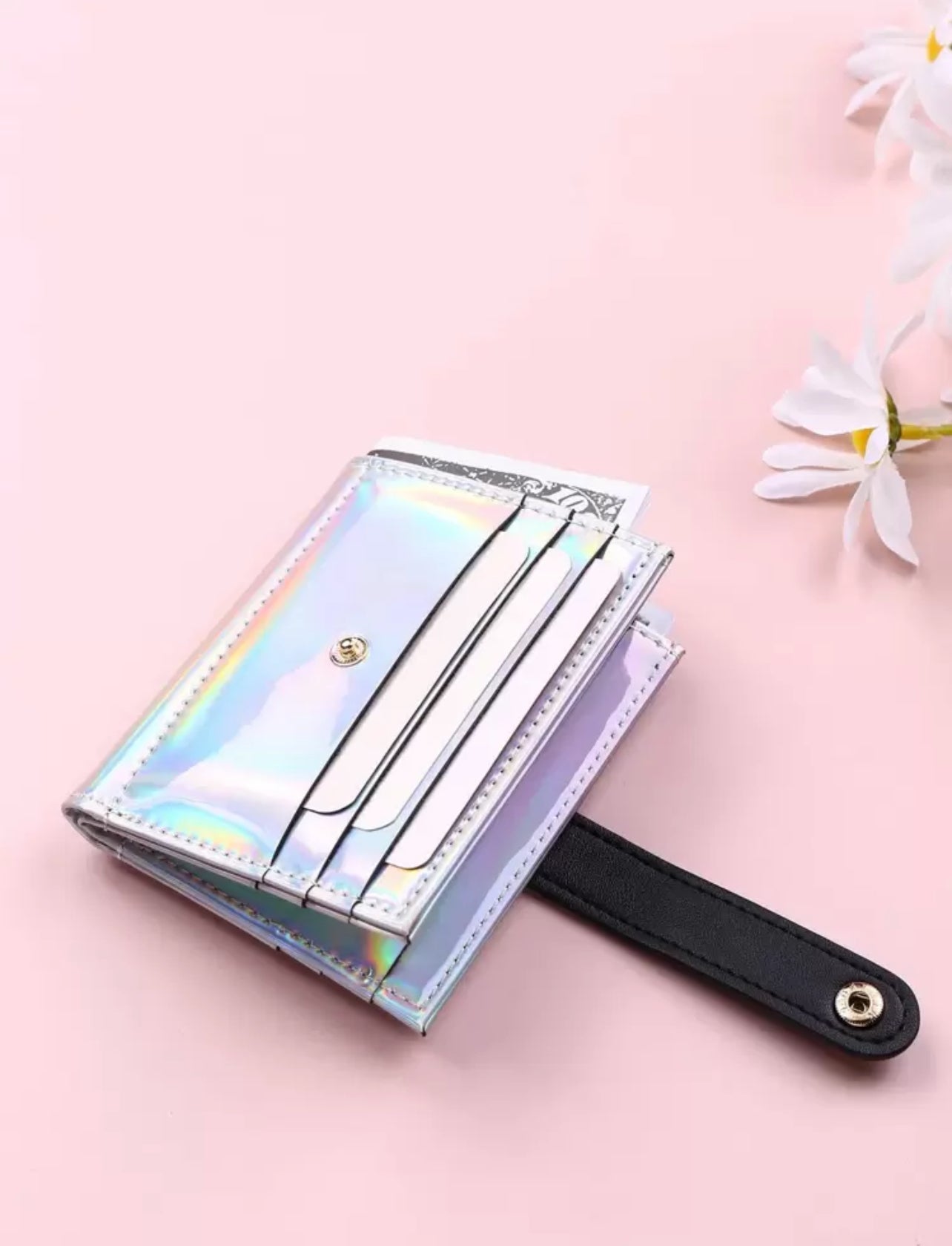 SHEIN Holographic Snap Button Lightweight Portable Card For Female Card Holder Wallet Business Card Holder Credit Card Holder Id Card Holder Mini wallet