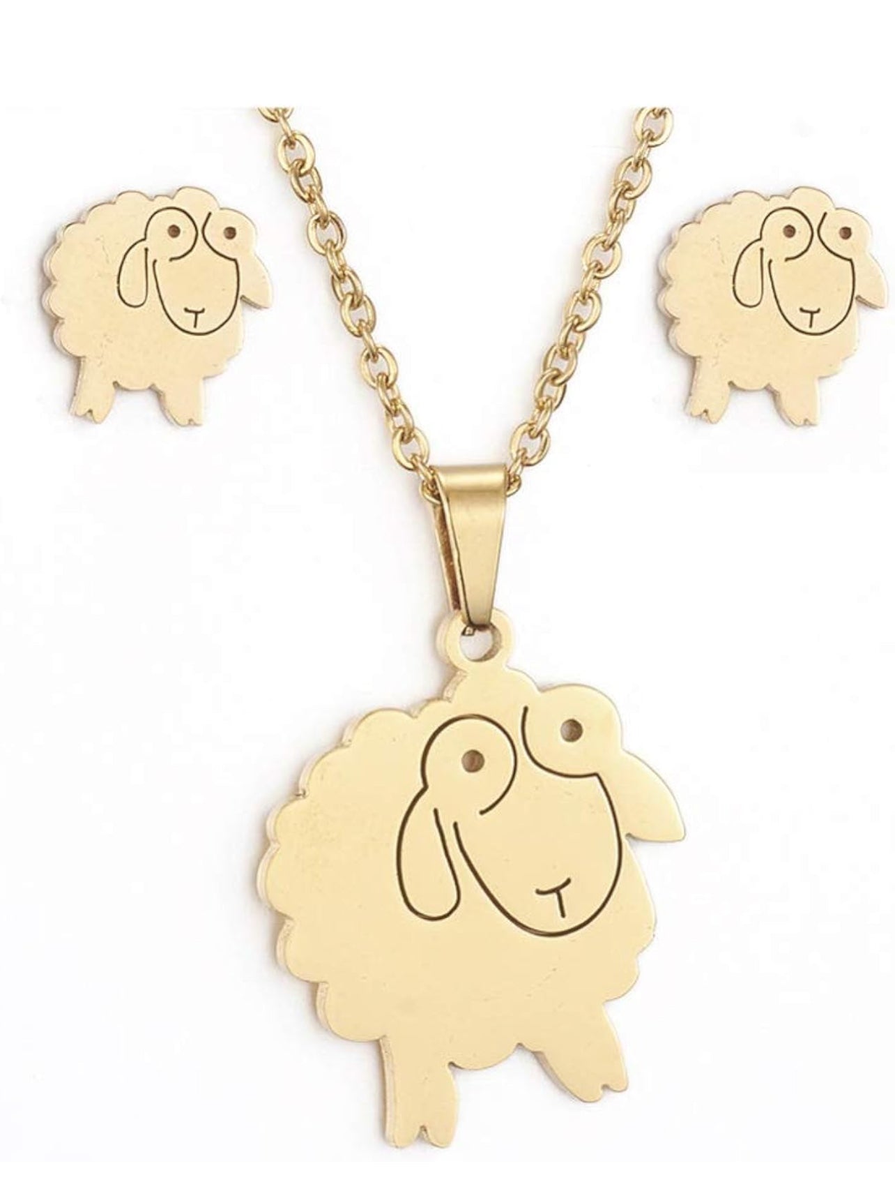 Stainless Steel Set Pendant Necklace Stud Earrings Lobster Sheep Gold