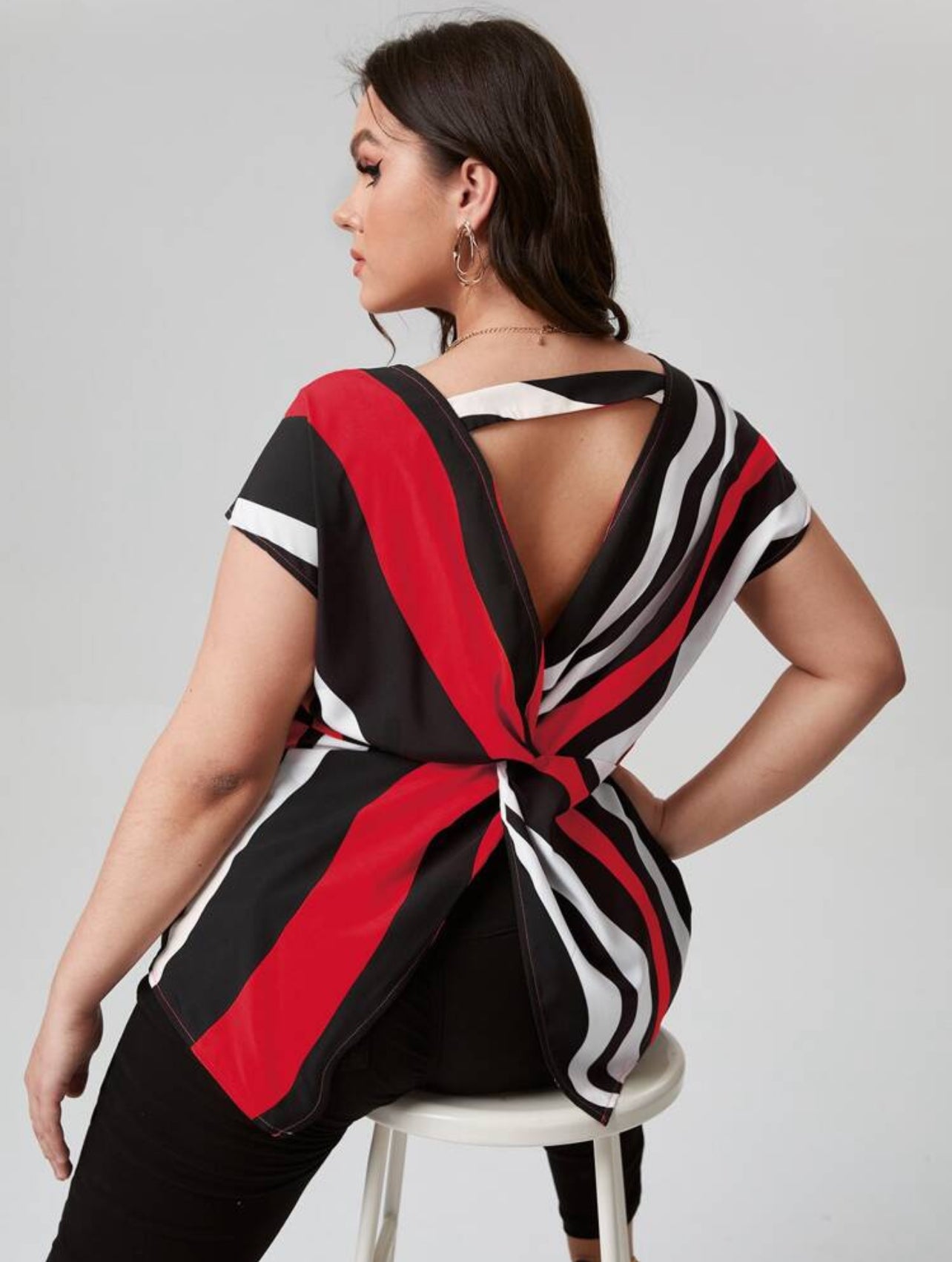 SHEIN Plus Colorblock Striped Print Twist Split Back Summer Blouse - 2XL