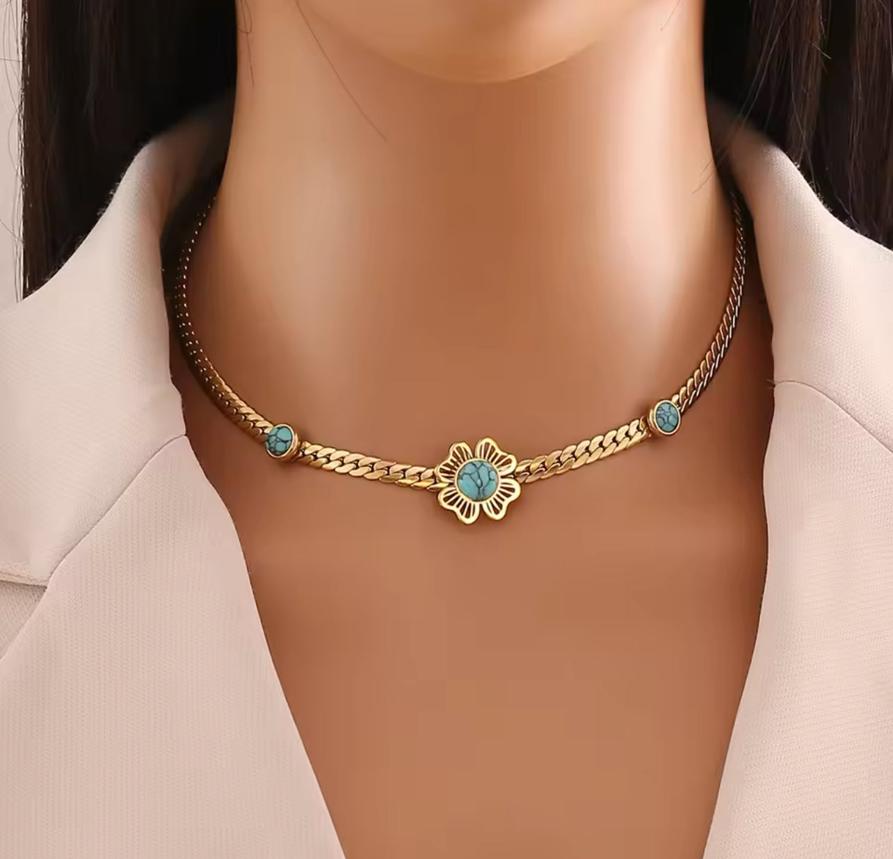 Pedina Stainless steel Turquoise Flower Necklace set (Necklace + Bracelet + earrings) For Women Fashion New Gift Neck Chain Waterproof Jewelry