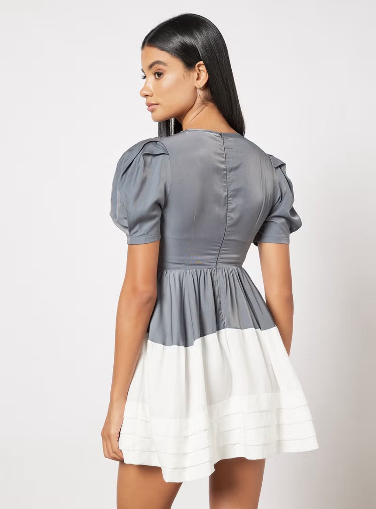 Casual Polyester Puff Short Sleeve Mini Colourblock Dress Flared Hem With Square Neck Summer Dress - Large