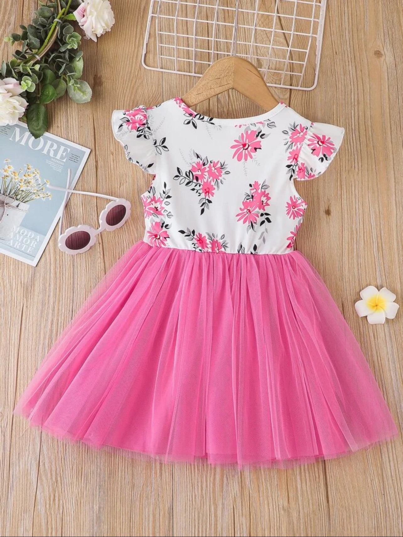Shein Toddler Girls Floral Print Frilled Bow Front Ruffle Trim Mesh Overlay Summer Dress - 2,3 Years