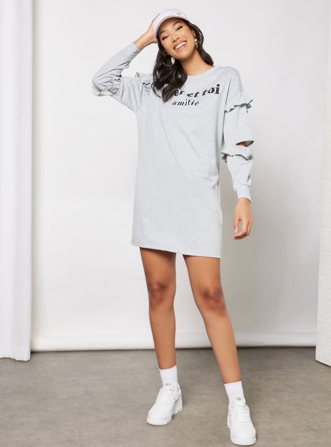 Casual Round Neck Ruffle Detail Sleeve Sweatshirt Loose Mini Dress Grey - Med