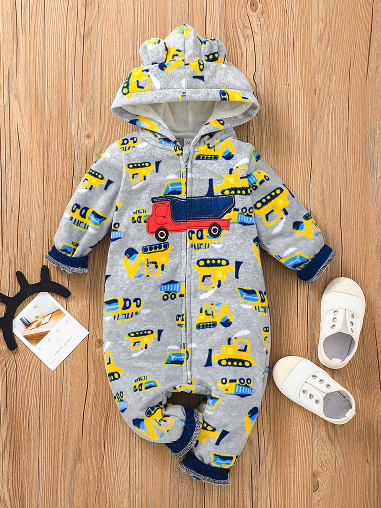 SHEIN Baby Cartoon Excavator Pattern 3D Ear Design Hooded Flannel Jumpsuit - 9M