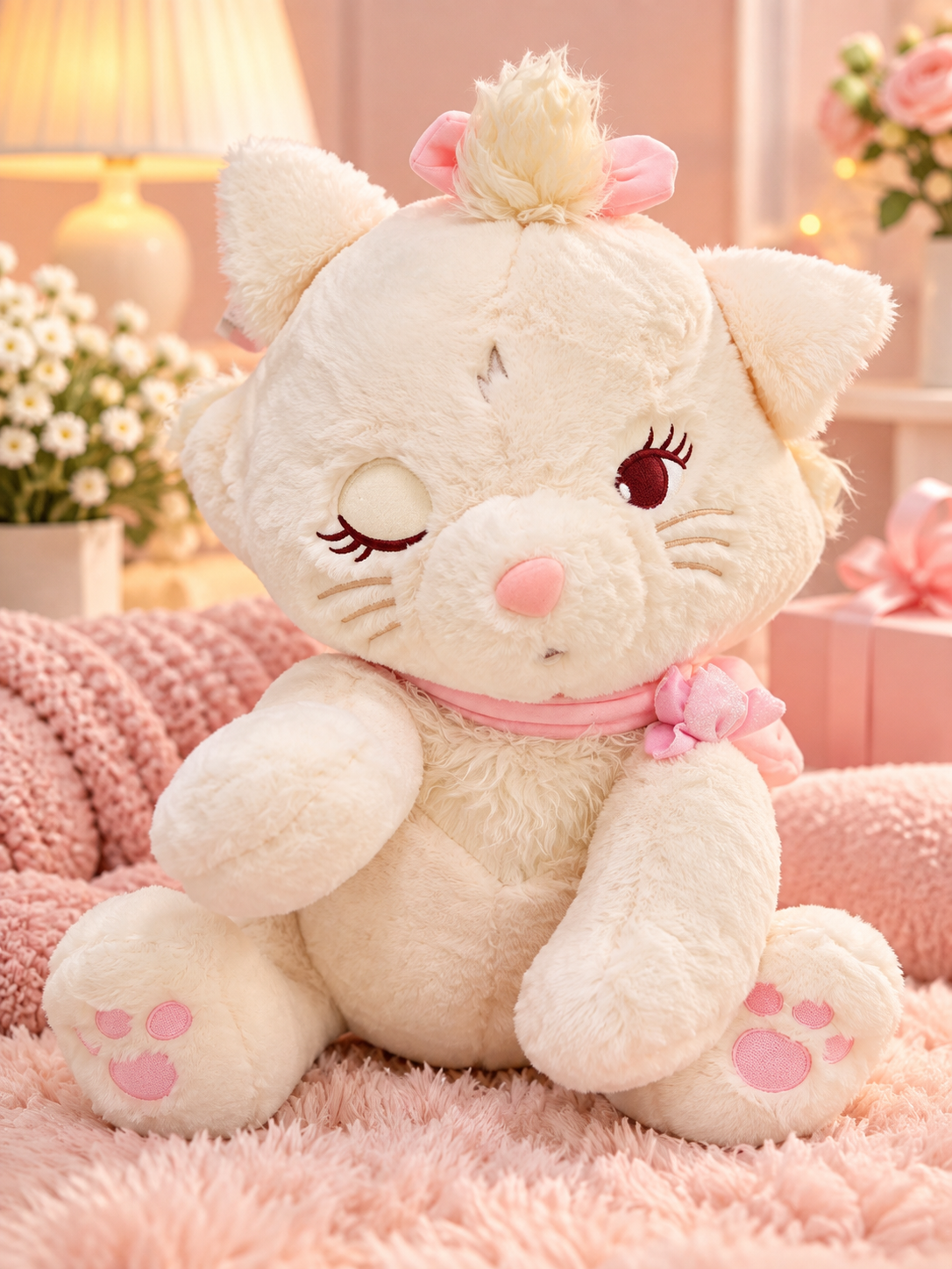 Soft Plush Cat Doll with Pink Bow & Embroidered Details