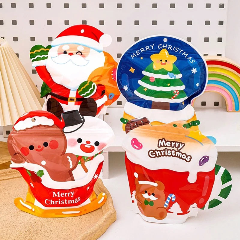 5PCS Stand-up Plastic Christmas Cartoon Zipper Packaging Bag DIY Cute Sugar Candy Snack Child Xmas Gifts Storage Pouches
