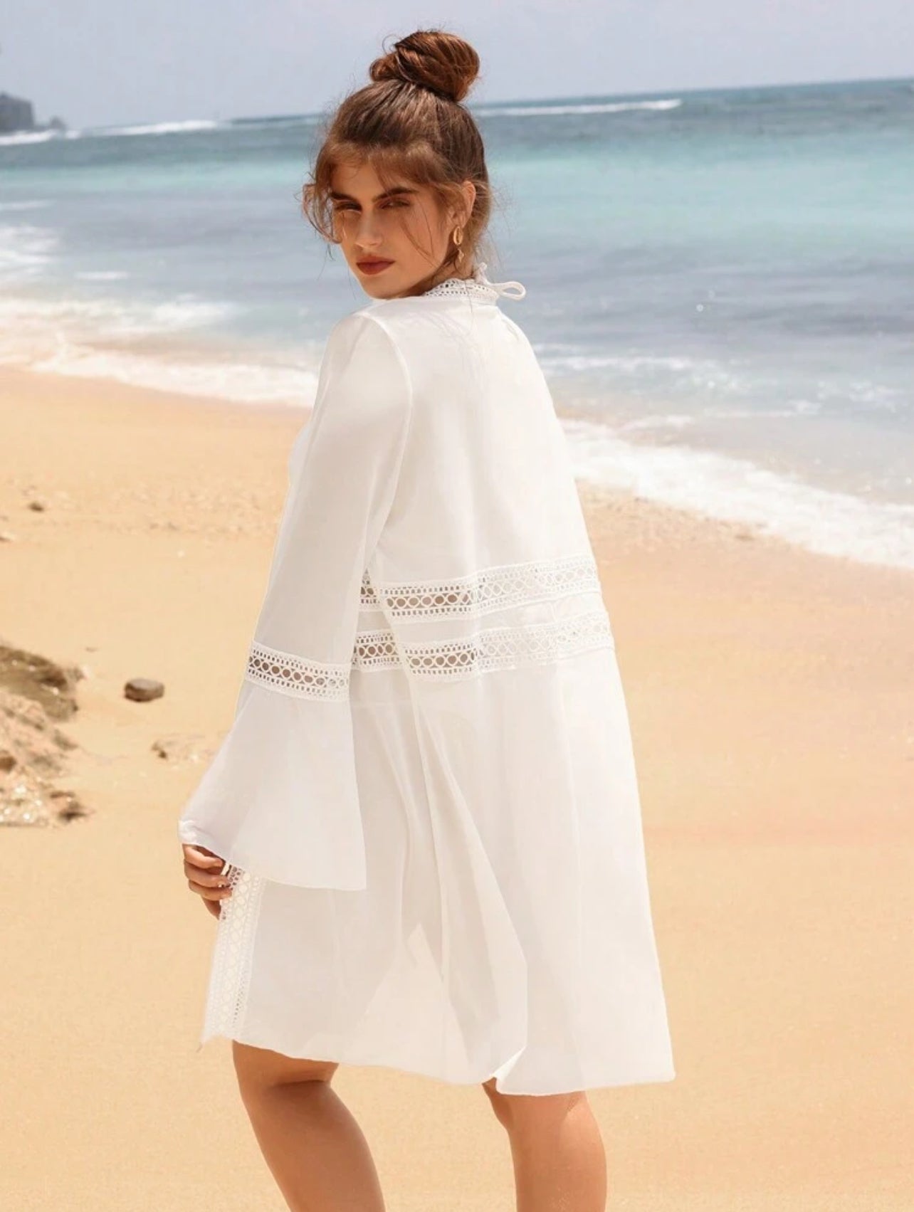 SHEIN Swim Women Loose Kimono Cardigan With Water Soluble Lace And Tie For Beach Vacation In Summer - Large