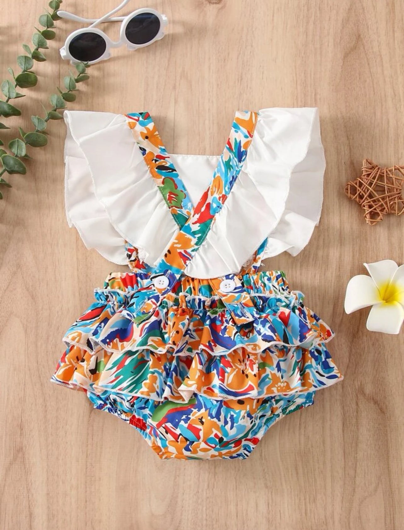 SHEIN Baby Floral Print Contrast Lace Cut Out Ruffle Trim Crisscross Bodysuit - 12 Months