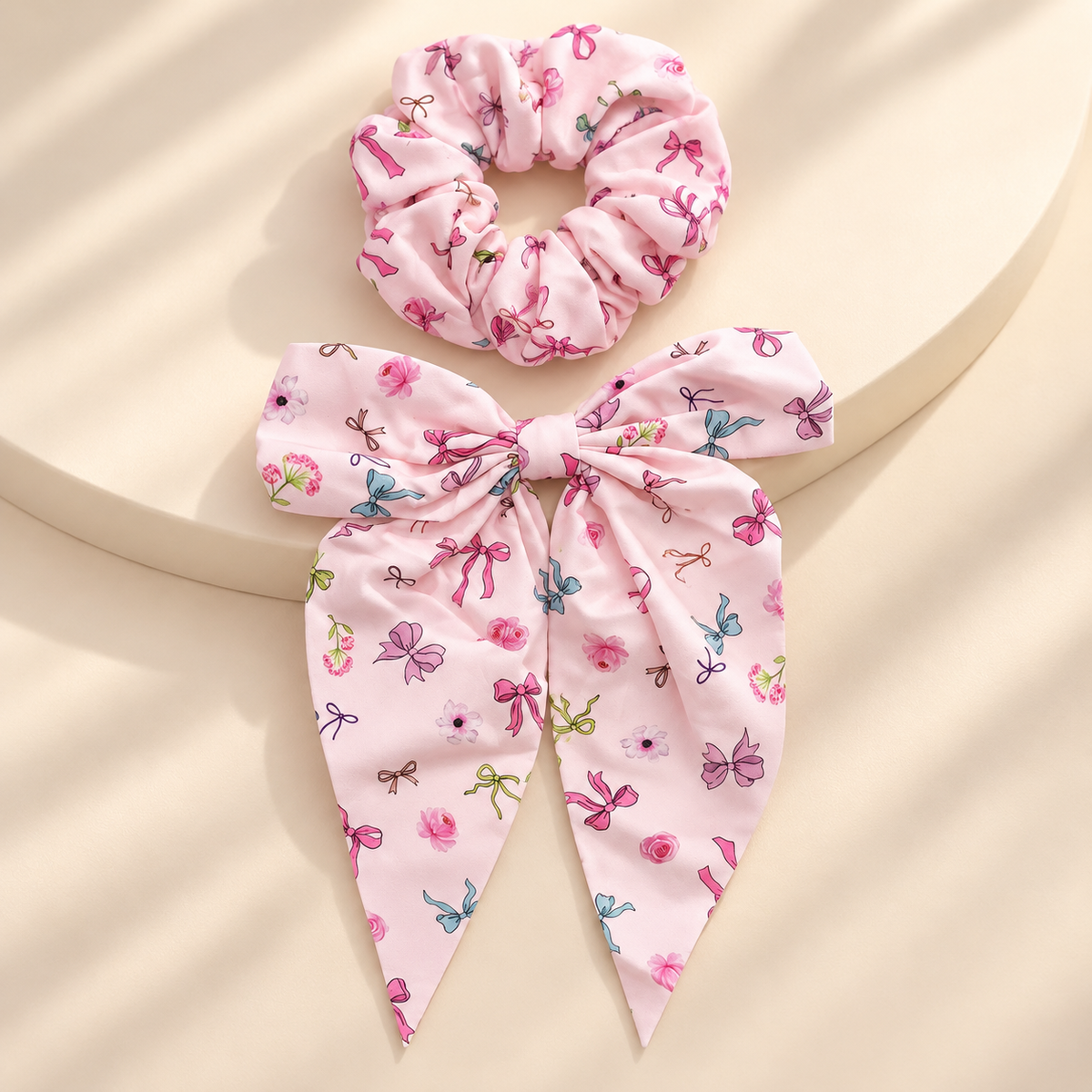 Girls’ Pink Bow Scrunchie & Long-Tail Hair Bow Set – Assorted Prints