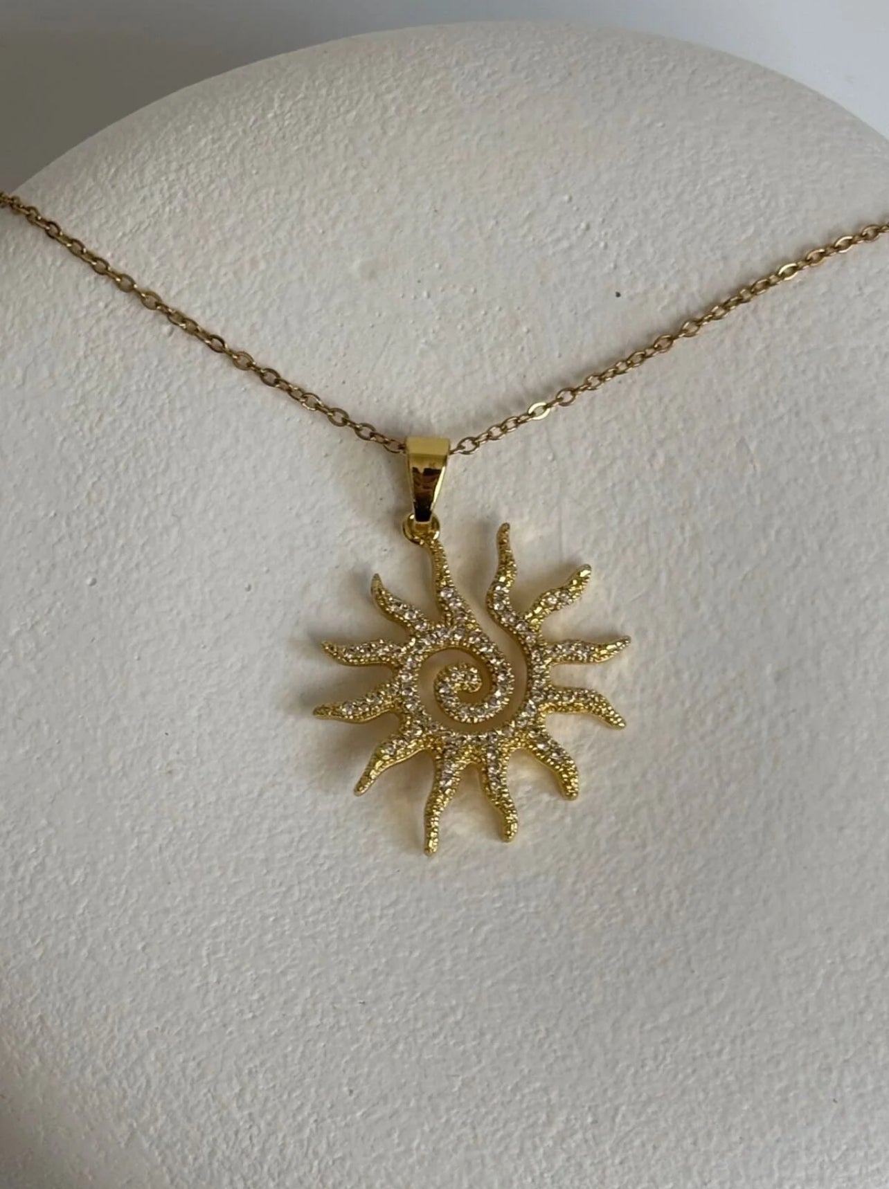 Golden Sun Spiral Pendant Necklace – Stainless Steel with Crystal Details