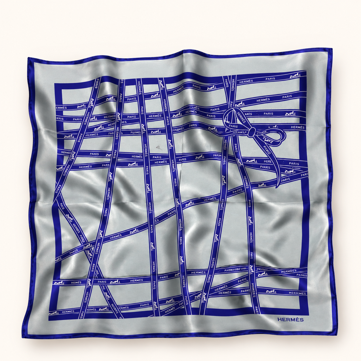 Luxury Satin Square Scarf – Blue & Silver Ribbon Print | Soft Silk Feel | Multi-Way Styling